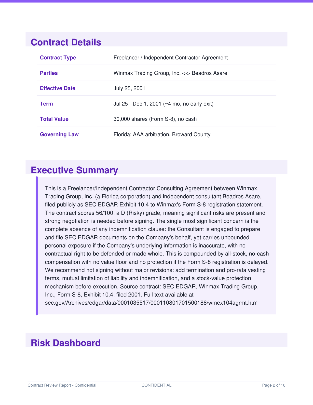 Contract details, executive summary, and risk dashboard page from the sample Contract Review Report PDF