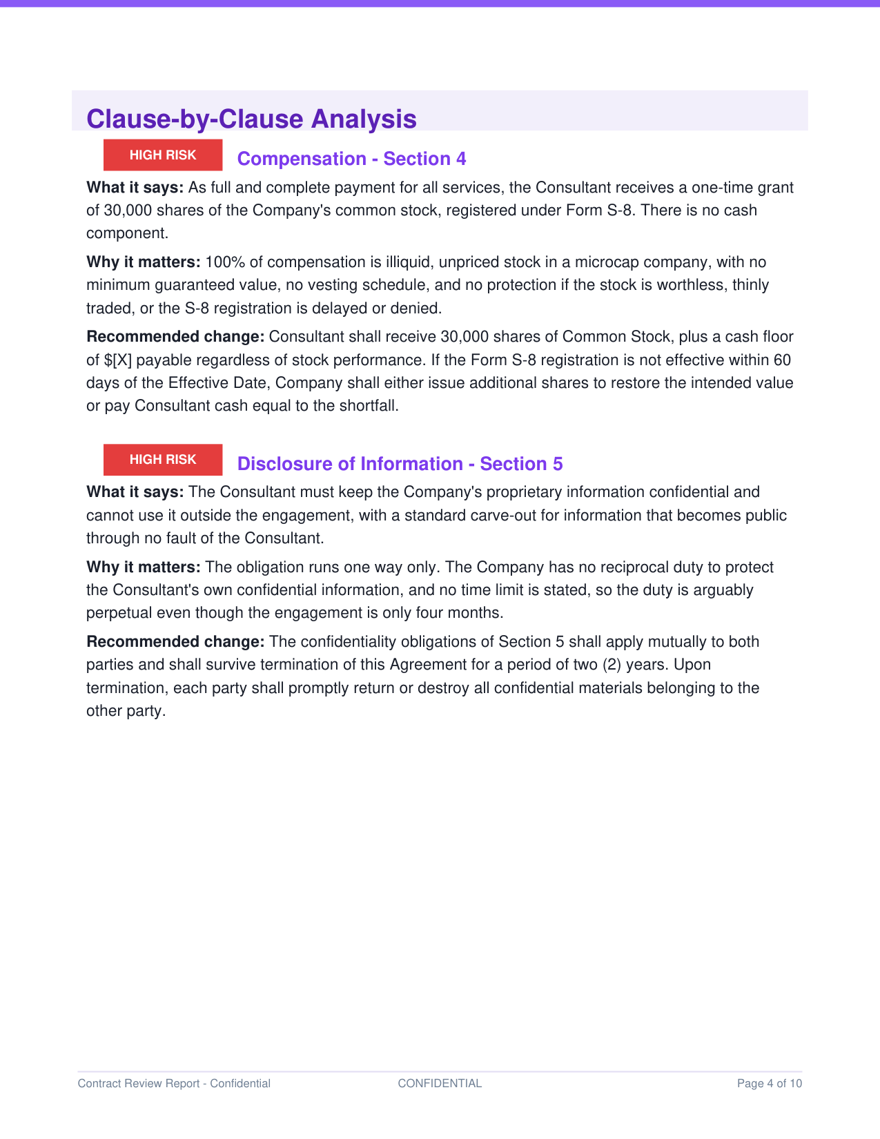 Clause-by-clause analysis page from the sample Contract Review Report PDF